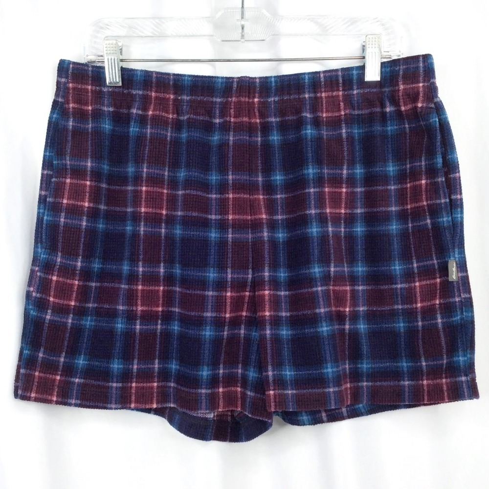 Eddie Bauer Plaid Fleece Pajama Shorts Women's Size Large Navy Blue Pockets